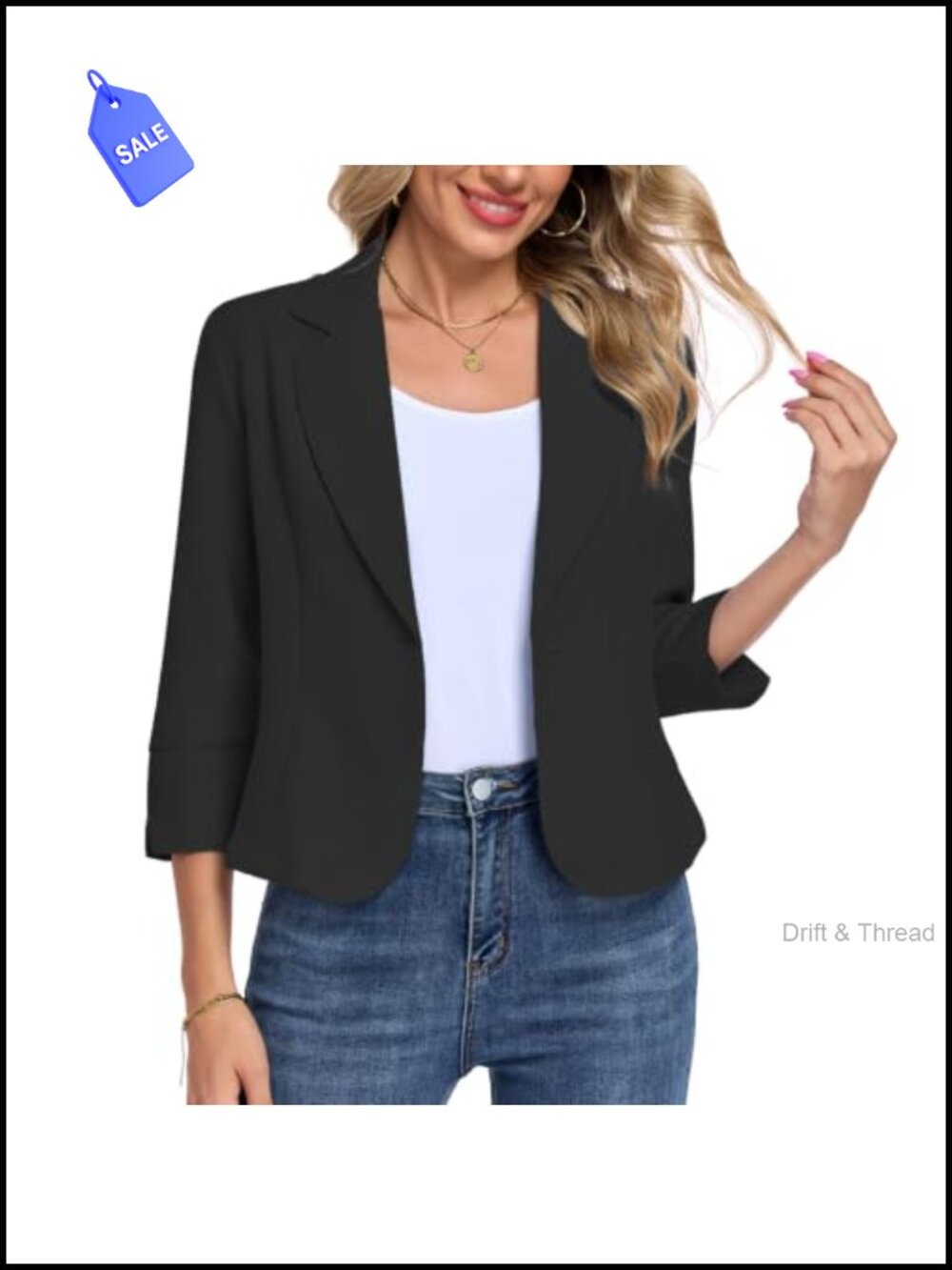 Cropped Blazer Business Casual Notch Lapel 3/4 Sleeve Button